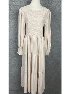 Zesica Women's Smocked  Tiered Long-Sleeve Midi Dress Beige Size Large NWT's.